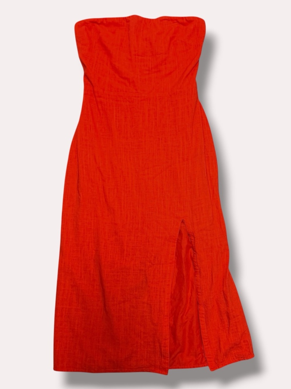 SNDYS Everyday Strapless Linen Blend Midi Dress Orange/Red Side Slit Size M